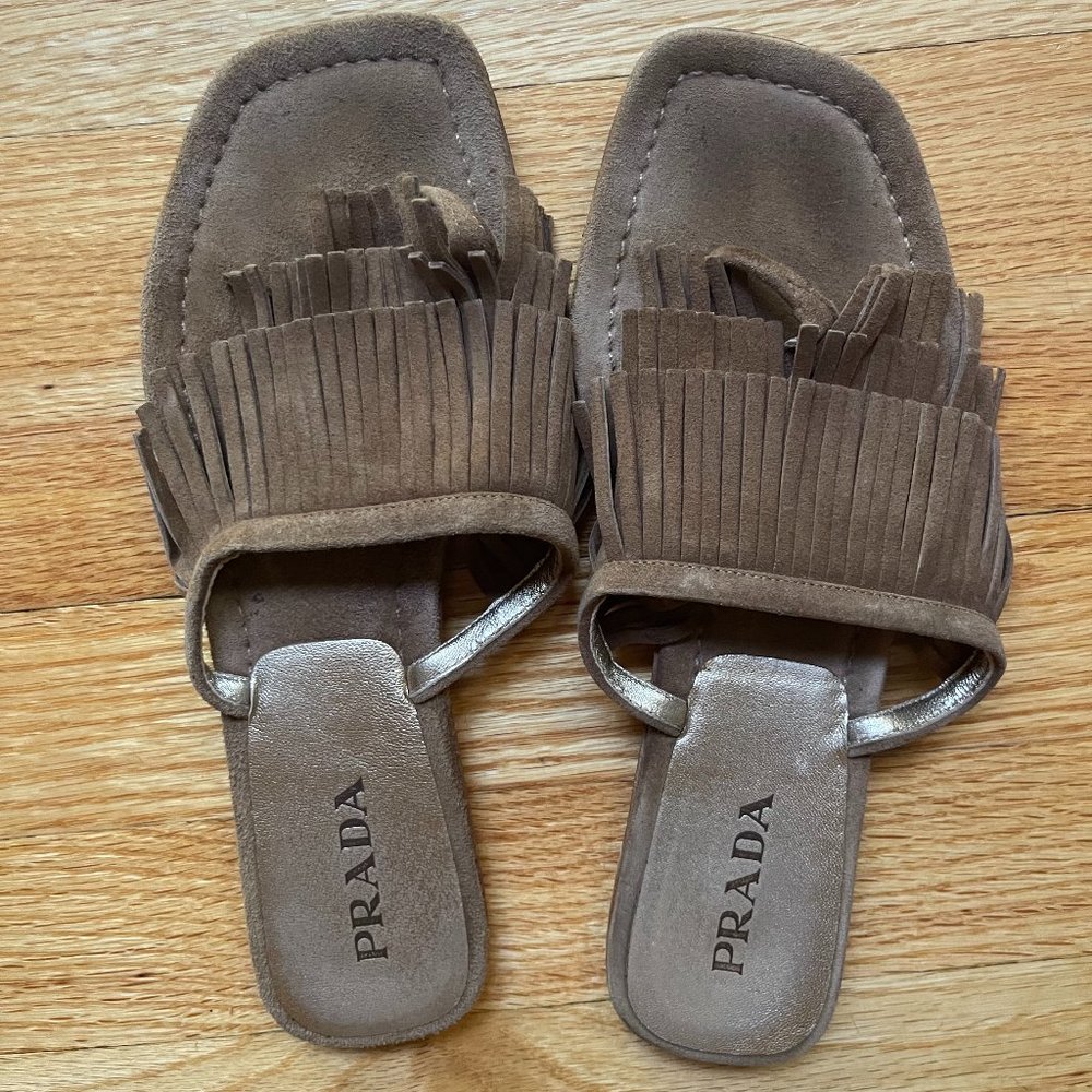 PRADA Light Brown Suede Fringe Sandal - Size 37